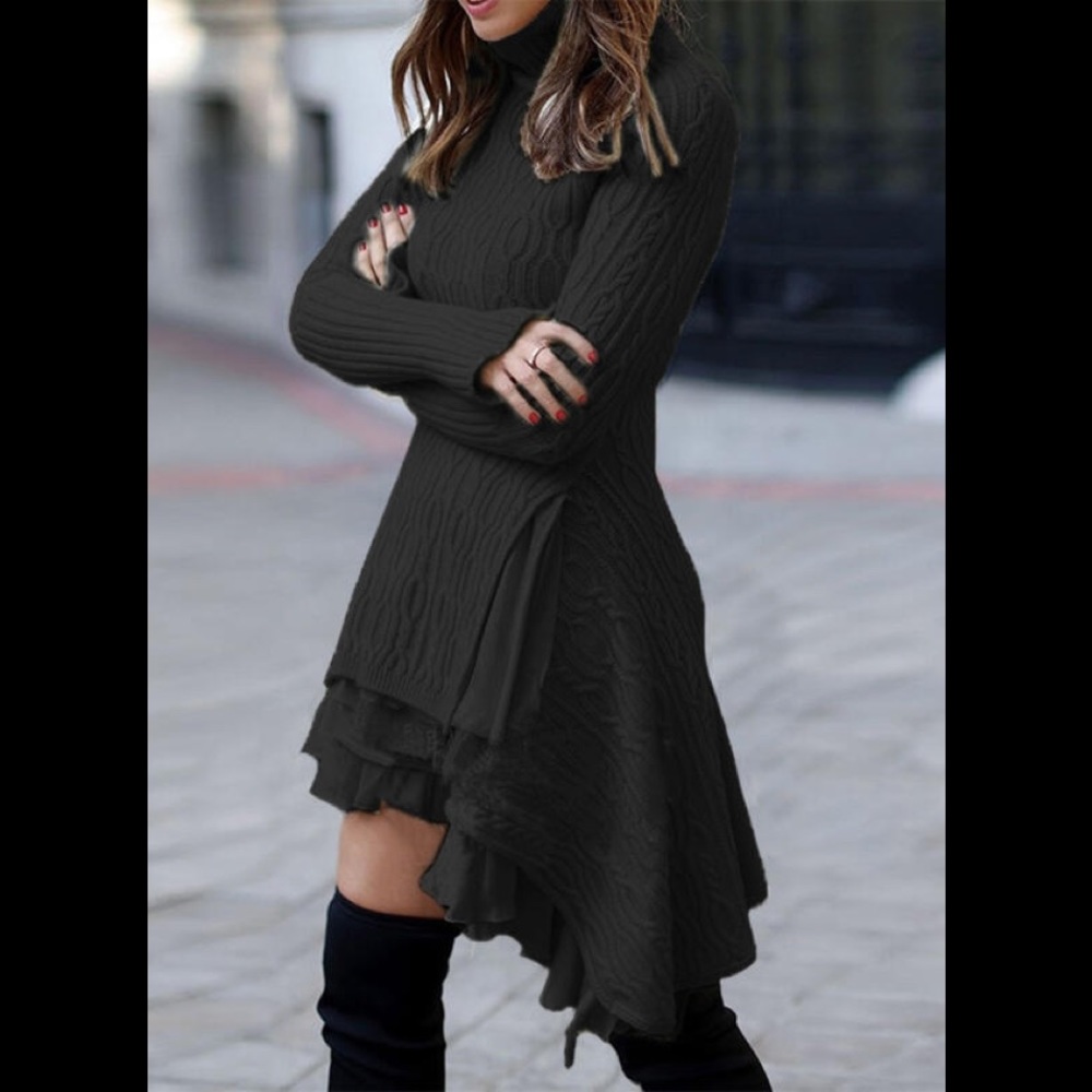 Solid Cable-Knit Turtleneck Casual Sweater Dress